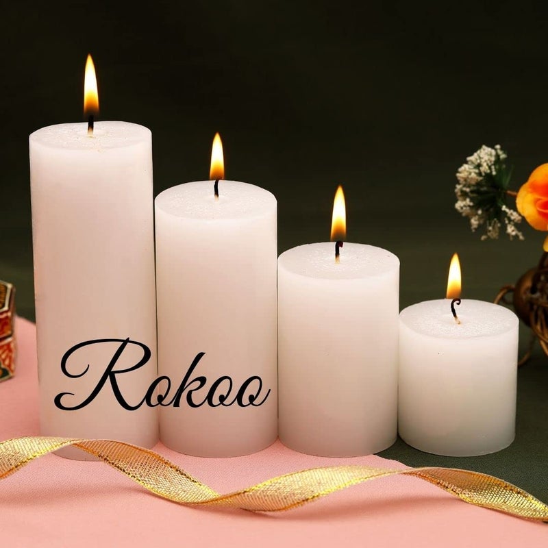 ROKOO Diwali Decor Scented Pillar Candles Pack of 4 Long Hour Burning Candle Perfect for Emergency, Chime Candles, Candles for Wedding, Dinner, Christmas Diwali Home Decorations (Jasmine) - Image 5