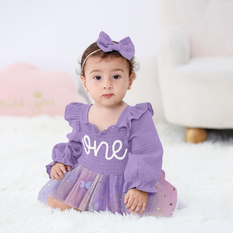 TITKKOP Baby Girl 1st Birthday Clothes One Year Old Tulle Romper Long Sleeve Bodysuit Cake Smash Outfits(butterfly-purple,9-12M) - Image 2