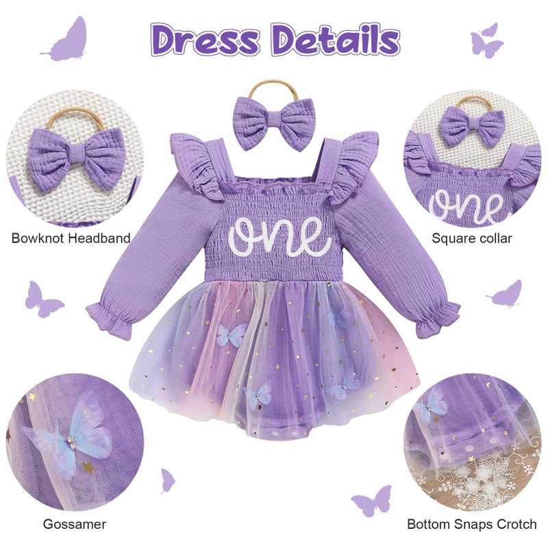 TITKKOP Baby Girl 1st Birthday Clothes One Year Old Tulle Romper Long Sleeve Bodysuit Cake Smash Outfits(butterfly-purple,9-12M) - Image 5