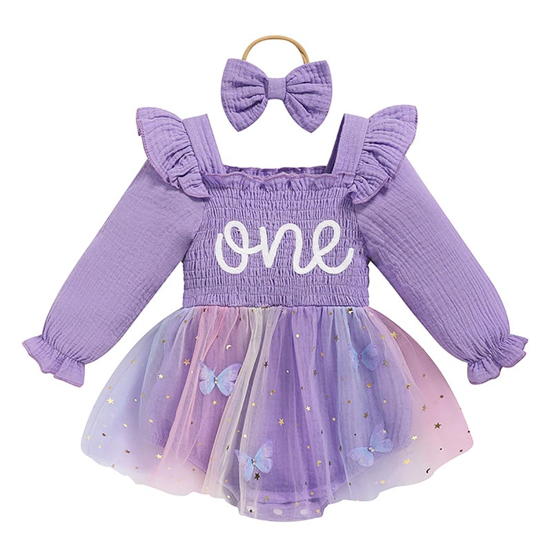TITKKOP Baby Girl 1st Birthday Clothes One Year Old Tulle Romper Long Sleeve Bodysuit Cake Smash Outfits(butterfly-purple,9-12M) - Image 1