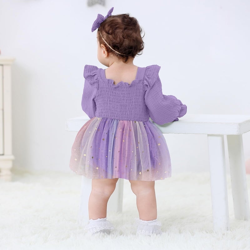 TITKKOP Baby Girl 1st Birthday Clothes One Year Old Tulle Romper Long Sleeve Bodysuit Cake Smash Outfits(butterfly-purple,9-12M) - Image 4