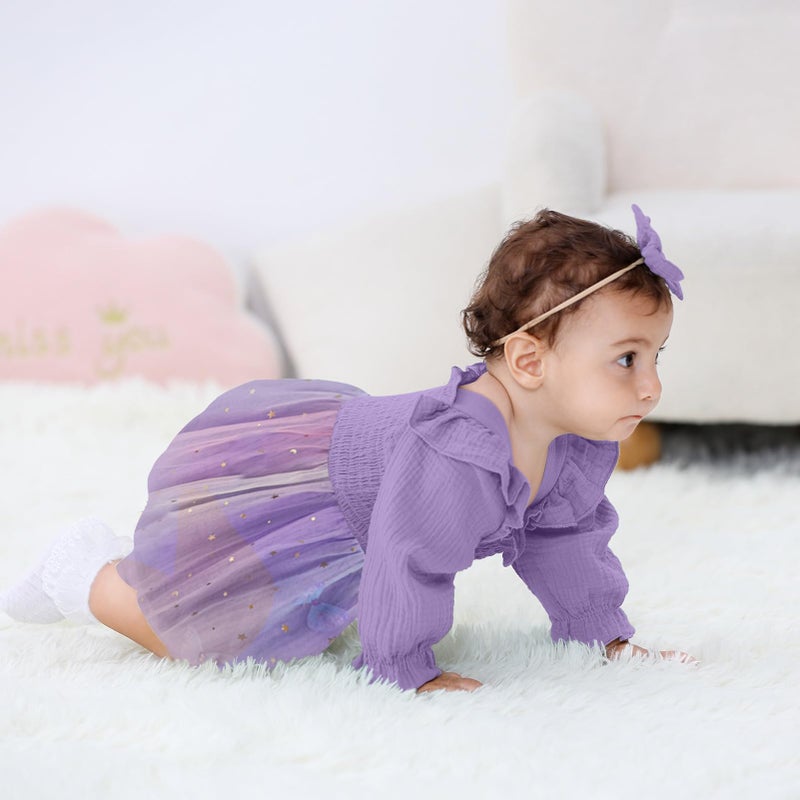 TITKKOP Baby Girl 1st Birthday Clothes One Year Old Tulle Romper Long Sleeve Bodysuit Cake Smash Outfits(butterfly-purple,9-12M) - Image 3