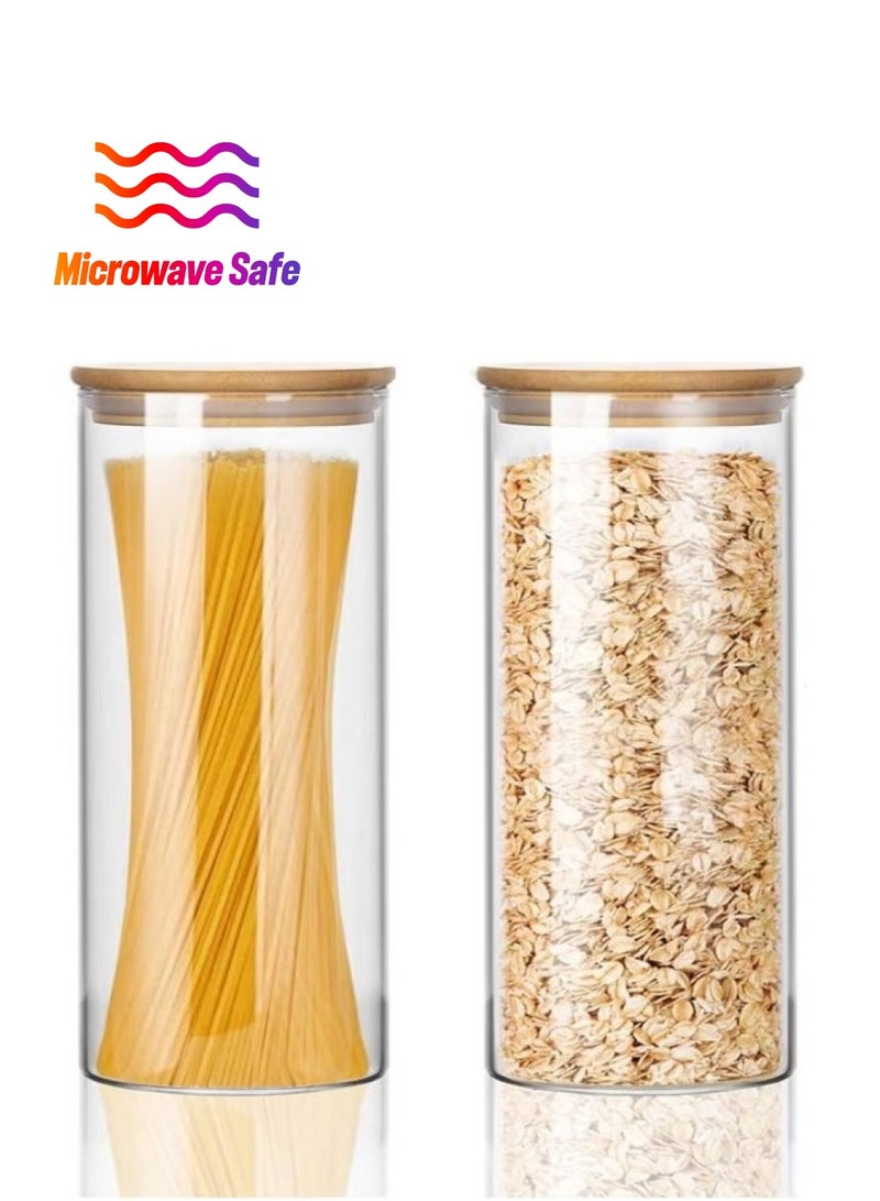 1Chase Set of 2- 1200 ML Borosilicate Round Glass Food Storage Jar With Bamboo Lid for Candy Cookie Rice Sugar Flour Pasta Nuts - Image 1