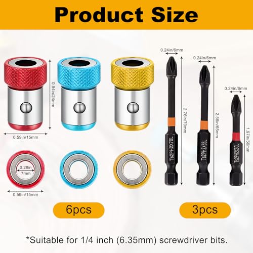KINYFY 6 Pcs Strong Magnetic Screw Ring with 3 Pcs Ph2 Screwdriver Bit Set, 1/4 Inch/6.35 mm Universal Magnetizer Screw Removable for Hex Screwdriver and Power Bits - Image 2