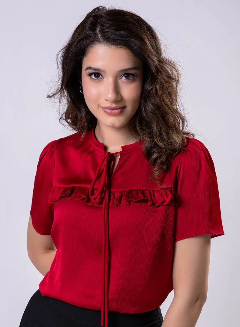 Zigzag  Short Sleeve Frilled Top-Red for Women | Best Price UAE