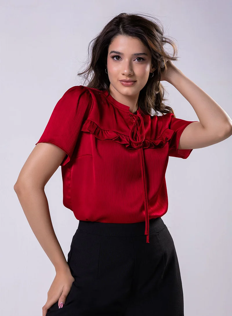 Short Sleeve Frilled Top-Red