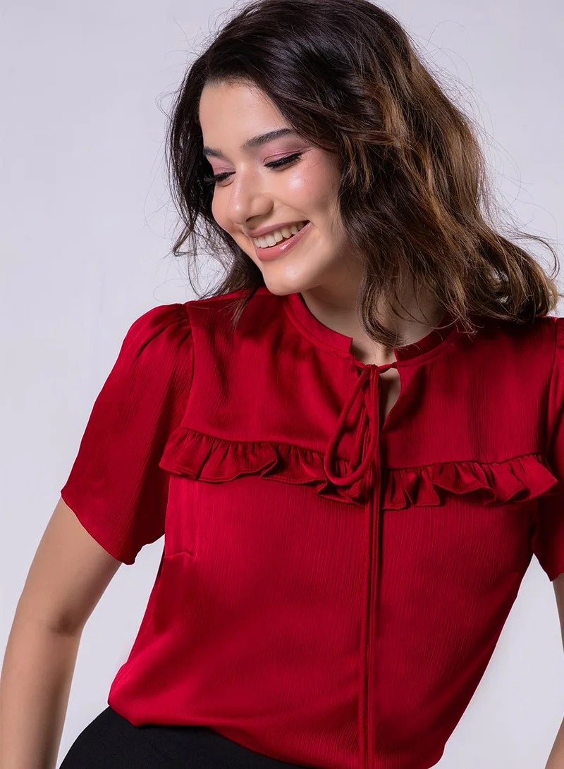 Zigzag  Short Sleeve Frilled Top-Red for Women | Best Price UAE