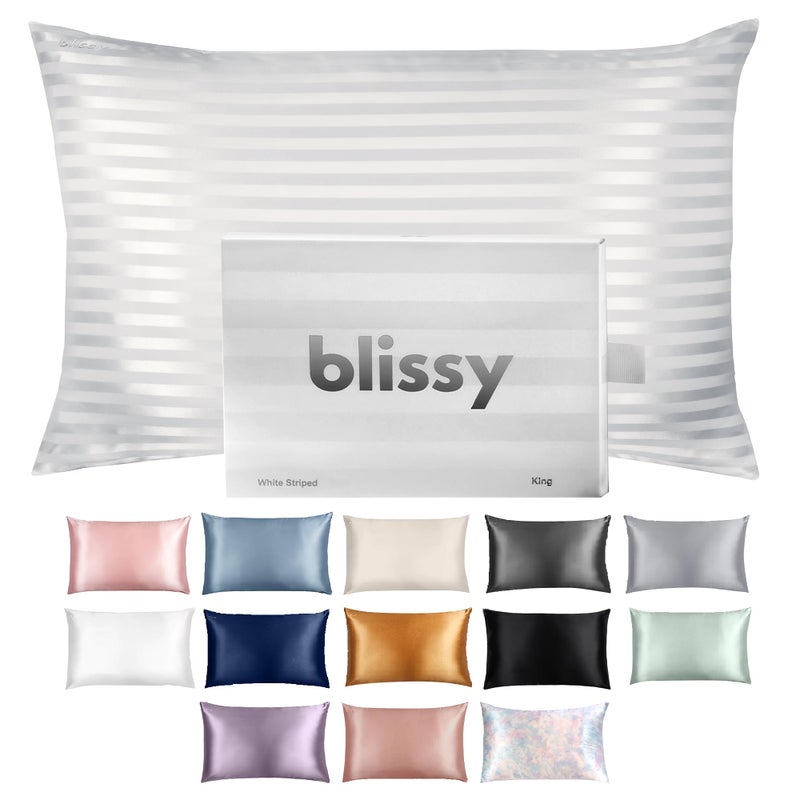 BLISSY غطاء وسادة حريري ناعم - حرير توت نقي 100% - ألياف عالية الجودة 22 مومي 6A - غطاء وسادة حريري للشعر والبشرة - مقاسات عادية، كوين، وكينج مع سحاب مخفي (كوين، مخطط أبيض) - Image 1