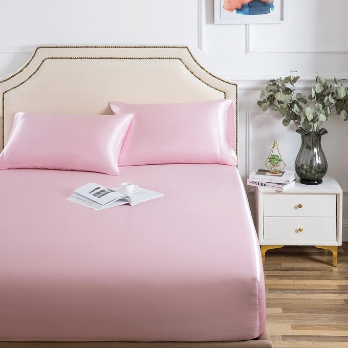 SATIN FITTED SHEET FULL FITTED SHEET ONLY 1 PIECE ULTRA SOFT DEEP POCKET SINGLE SILK BOTTOM BED SHEET FULL PINK