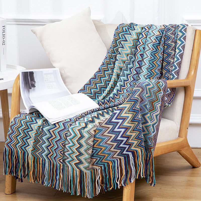 Bohemian Tassel Knit Throw Blanket Office Nap Blue 