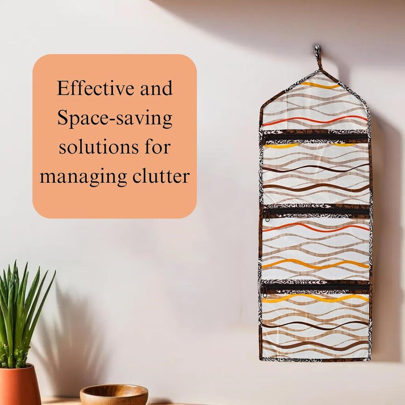 Kuber Industries Wall Hanging Closet Organizer for Wardrobe with 3 Pockets Zip Letter Holder Socks Tie Storage Pouches Printed Brown - Image 4