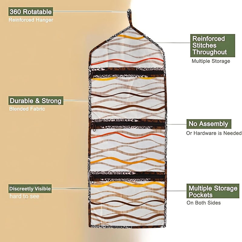 Kuber Industries Wall Hanging Closet Organizer for Wardrobe with 3 Pockets Zip Letter Holder Socks Tie Storage Pouches Printed Brown - Image 5