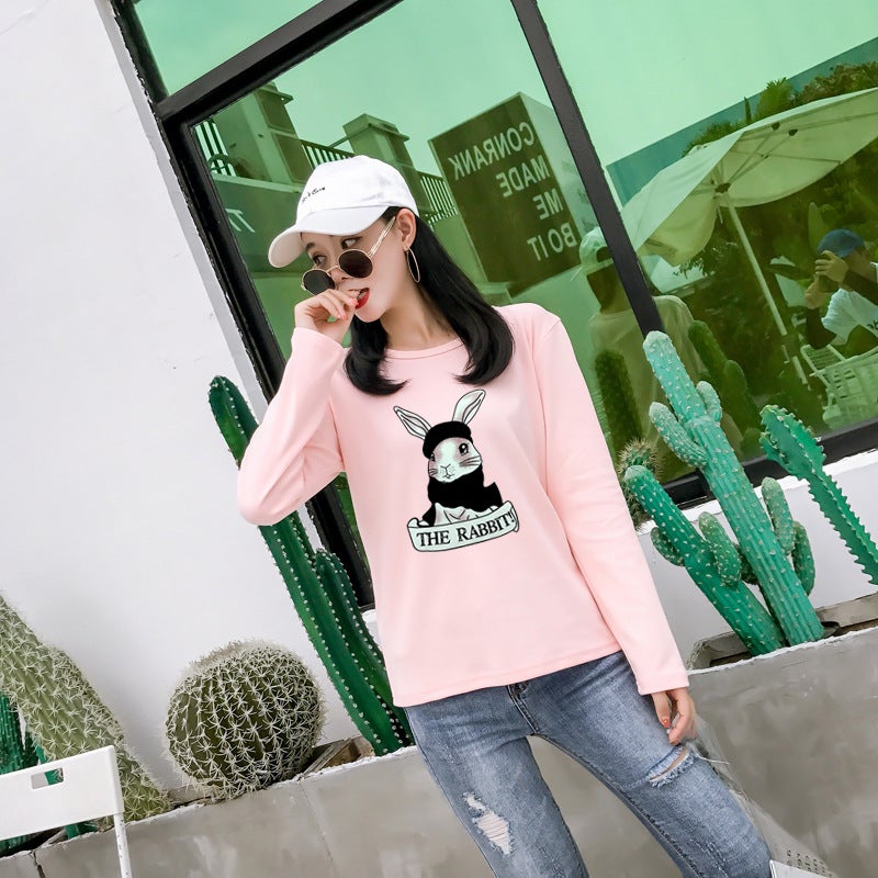 Real Shot of 2025 Autumn New Korean Style Cartoon Rabbit Print Long-Sleeve T-Shirt for Female Students, Women's Top, Base Shirt - Image 1
