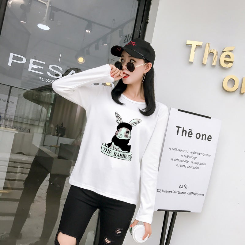 Real Shot of 2025 Autumn New Korean Style Cartoon Rabbit Print Long-Sleeve T-Shirt for Female Students, Women's Top, Base Shirt - Image 4