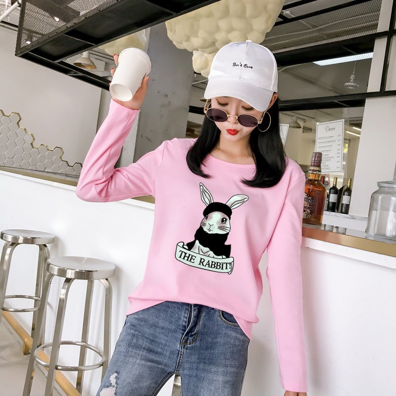 Real Shot of 2025 Autumn New Korean Style Cartoon Rabbit Print Long-Sleeve T-Shirt for Female Students, Women's Top, Base Shirt - Image 5
