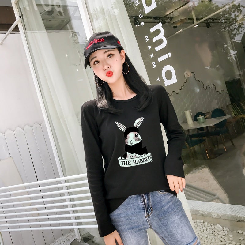 Real Shot of 2025 Autumn New Korean Style Cartoon Rabbit Print Long-Sleeve T-Shirt for Female Students, Women's Top, Base Shirt - Image 2