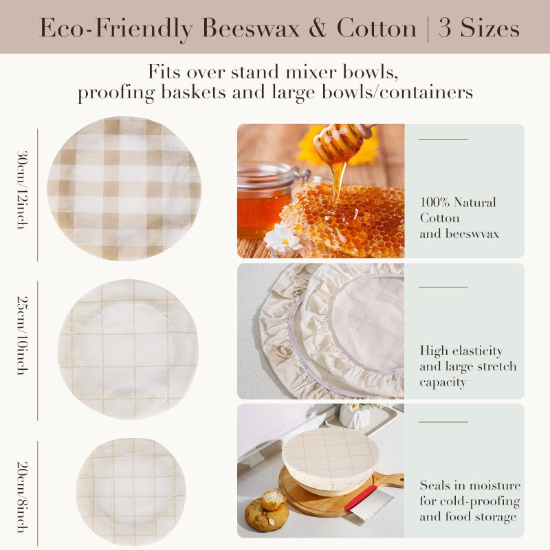 Tirphy Reusable Bowl Covers for Bread Proofing - Beeswax Bowl Covers Reusable 8/10/12 Inch - Elastic Cotton Cloth Sourdough Cover - Shower Caps for Sourdough Bread - Image 2