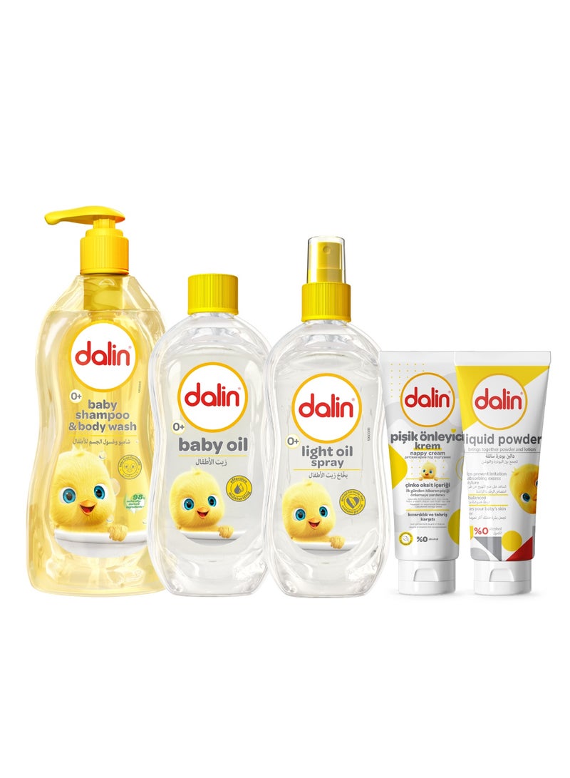 حزمة دالين الكاملة للعناية بالرضع - حجم كبير (5 عناصر) – شامبو وغسول جسم للأطفال 500 مل، زيت أطفال 200 مل، رذاذ زيت خفيف 200 مل، مسحوق سائل 100 مل، كريم حفاضات 100 مل | مجموعة العناية اليومية اللطيفة للأطفال