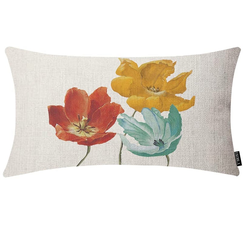 EKOBLA Enchanting Floral Decorative Throw Pillow Case Charming Beautiful Poppy Flowers Tricolor Orange Red Yellow Blue Cotton Linen Cushion Case for Sofa Couch 12x20 Inches