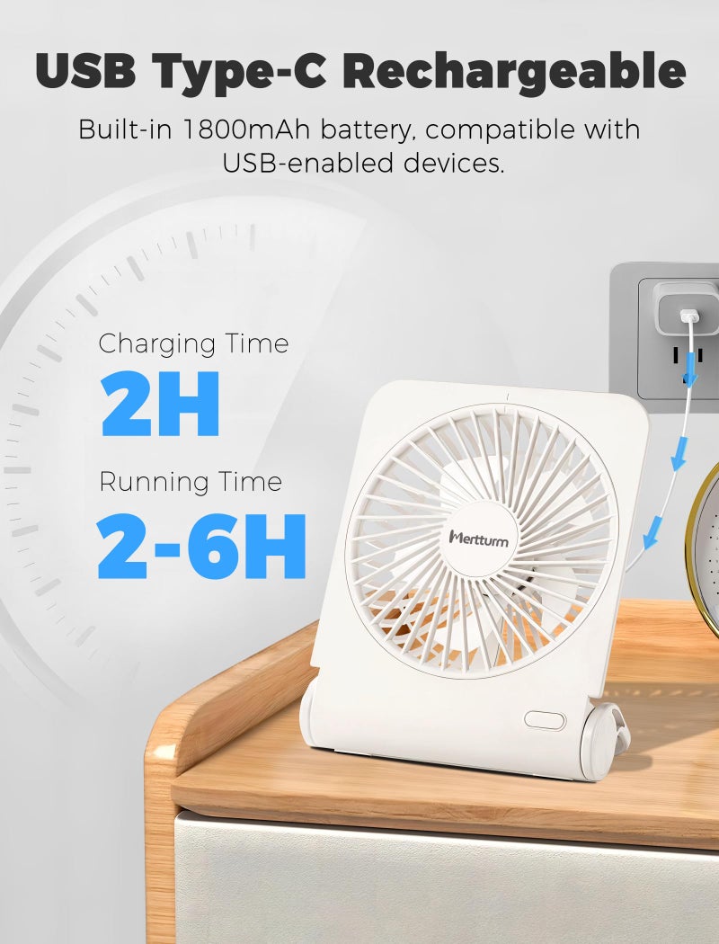 MERTTURM® Portable Desk Fan, Rechargeable Small Table Folding Fan for Powerful Cooling, USB Electric Personal Silent Mini Desktop Fan with 4 Strong Wind Speeds for Home Bedroom Office Travel Outdoor - Image 2
