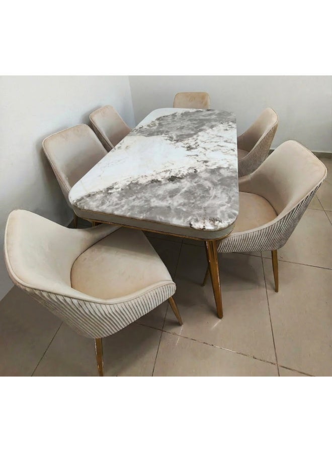 LHFHOMT-7-Pieces Dining Set, (Free Installation) 1 Piece Marble Top Rectangular Table With with 6 Upholstered Velvet Chairs Modern Design Furniture for Home, Kitchen, Dining Room, Restaurant - Image 1