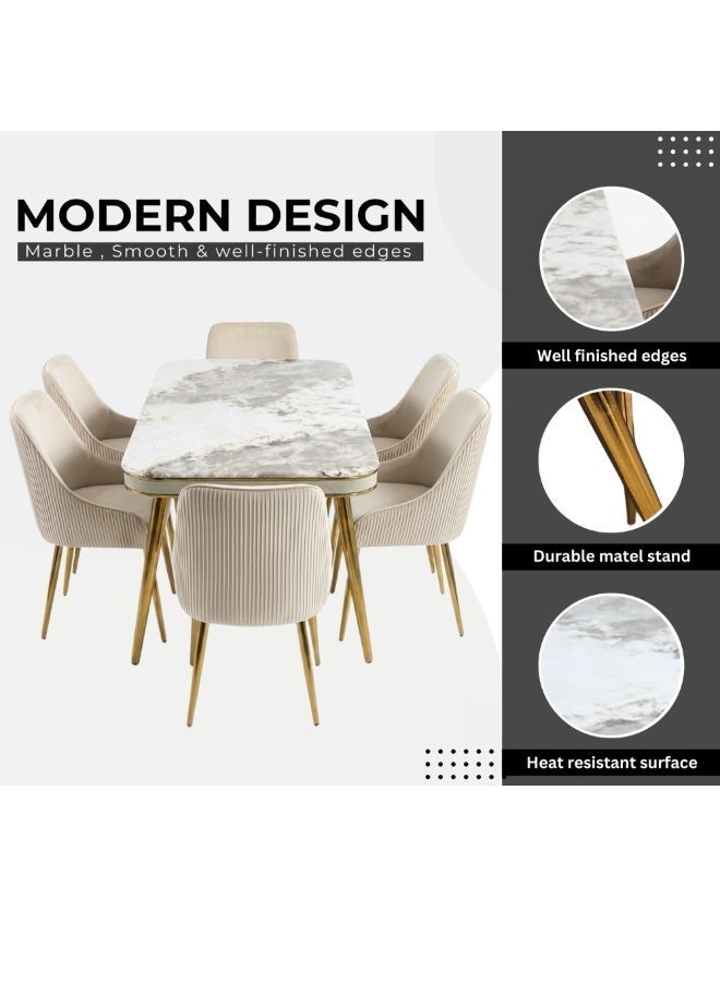 LHFHOMT-7-Pieces Dining Set, (Free Installation) 1 Piece Marble Top Rectangular Table With with 6 Upholstered Velvet Chairs Modern Design Furniture for Home, Kitchen, Dining Room, Restaurant - Image 2