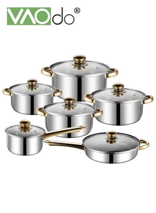 فاو دو طقم أواني ومقالي من 12 قطعة، طقم أواني طهي من الفولاذ المقاوم للصدأ مع أغطية أواني زجاجية، طقم أواني طهي للمطبخ، آمن للغسل في غسالة الأطباق والفريزر باللون الذهبي - Image 1
