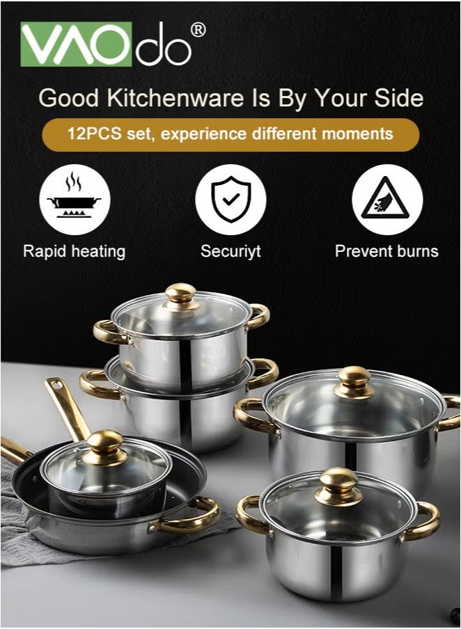 فاو دو طقم أواني ومقالي من 12 قطعة، طقم أواني طهي من الفولاذ المقاوم للصدأ مع أغطية أواني زجاجية، طقم أواني طهي للمطبخ، آمن للغسل في غسالة الأطباق والفريزر باللون الذهبي - Image 5