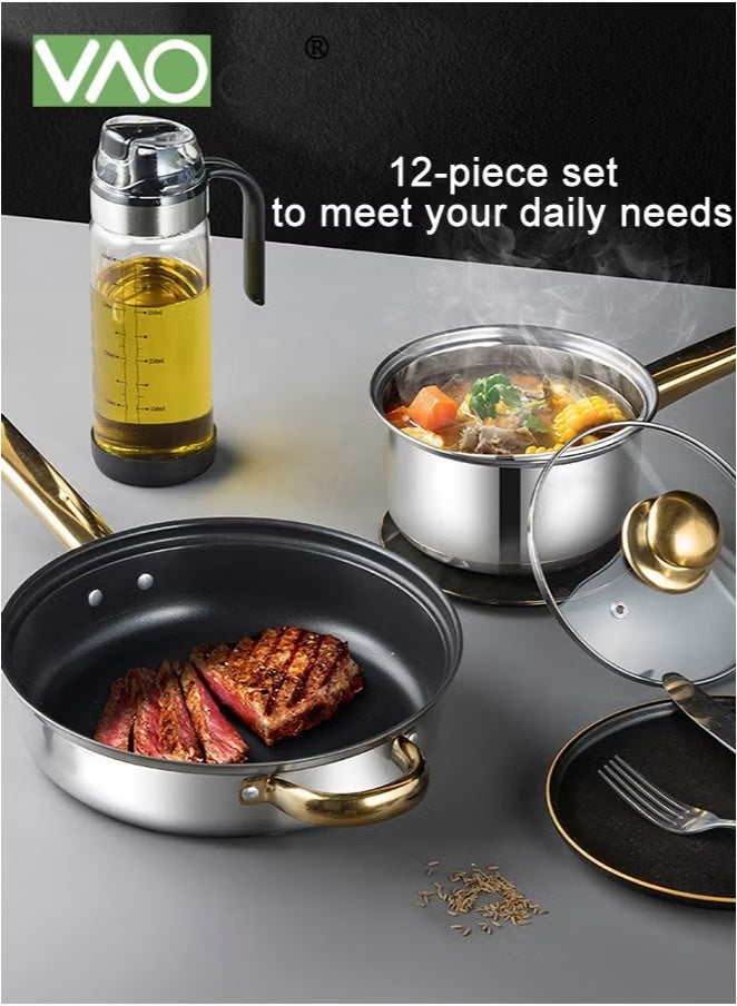 فاو دو طقم أواني ومقالي من 12 قطعة، طقم أواني طهي من الفولاذ المقاوم للصدأ مع أغطية أواني زجاجية، طقم أواني طهي للمطبخ، آمن للغسل في غسالة الأطباق والفريزر باللون الذهبي - Image 3