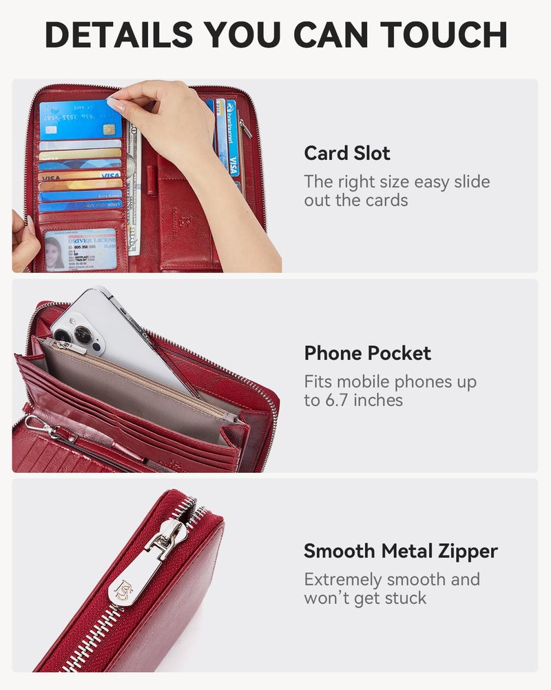 BOSTANTEN Leather Wallets for Women RFID Blocking Zip Around Credit Card Holder Phone Clutch Red - Image 3