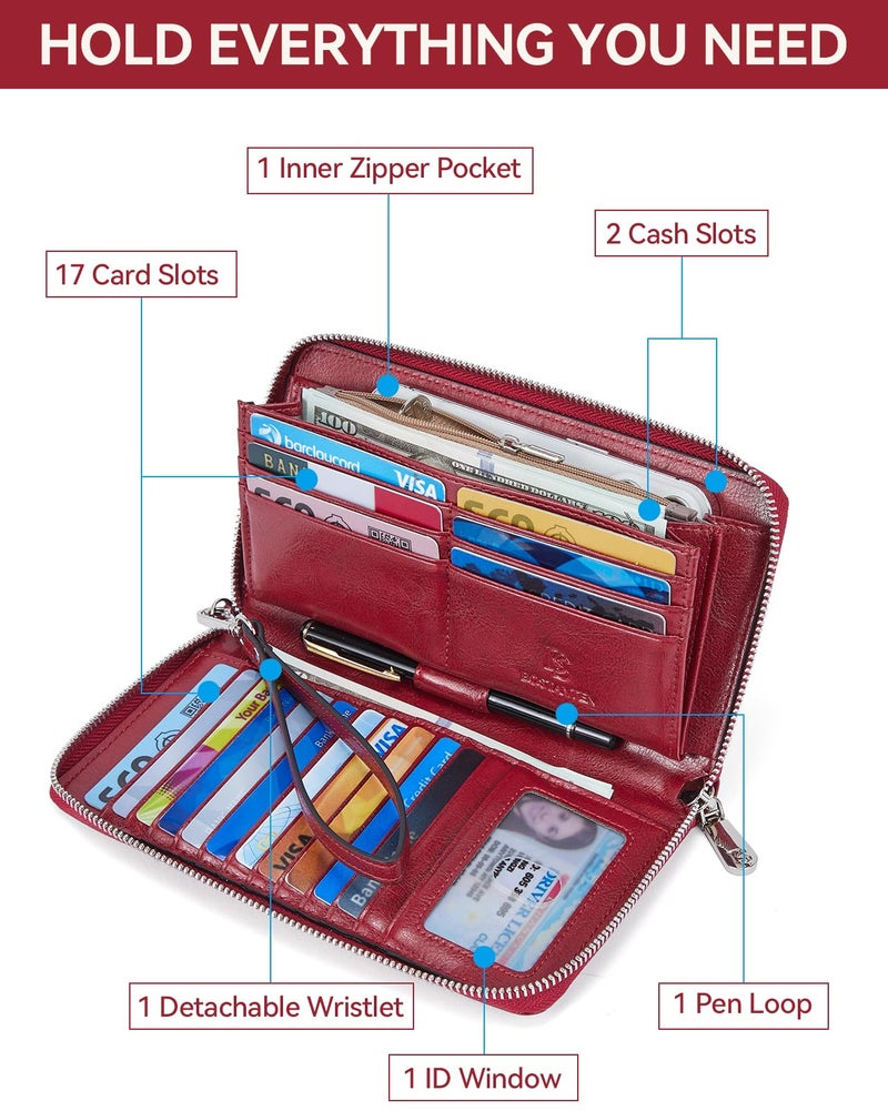 BOSTANTEN Leather Wallets for Women RFID Blocking Zip Around Credit Card Holder Phone Clutch Red - Image 2