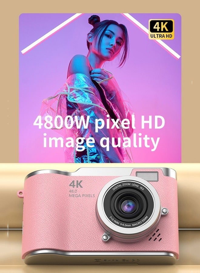 Digisand Digital Camera 4K CCD Digital Zoom Student Digital Camera 48MP Portable Photography Camera 180° Flip Screen Selfie Camera, With 128G SD Card Free Gift Lanyard and Cartoon Stickers - Image 2