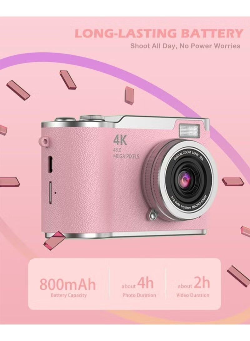 Digisand Digital Camera 4K CCD Digital Zoom Student Digital Camera 48MP Portable Photography Camera 180° Flip Screen Selfie Camera, With 128G SD Card Free Gift Lanyard and Cartoon Stickers - Image 4