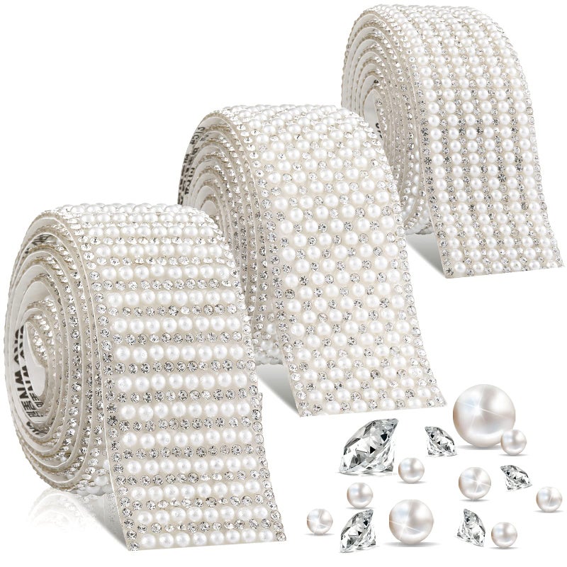 Waydress 3 Rolls Pearl Diamond Self Adhesive Ribbon Rhinestone Pearl Beaded Ribbon Sticker Crystal Chain Banding for Crafts DIY Wedding Birthday Party Phone Shoes Home Decoration