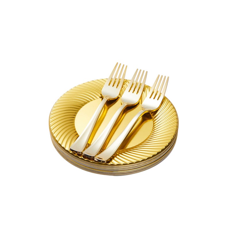 N9R 60pcs Gold Plastic Dessert Plates with Forks Include 30pcs Disposable Dessert Plates 7 inch 30pcs Gold Plastic Forks 74 inch for Parties Weddings Birthday