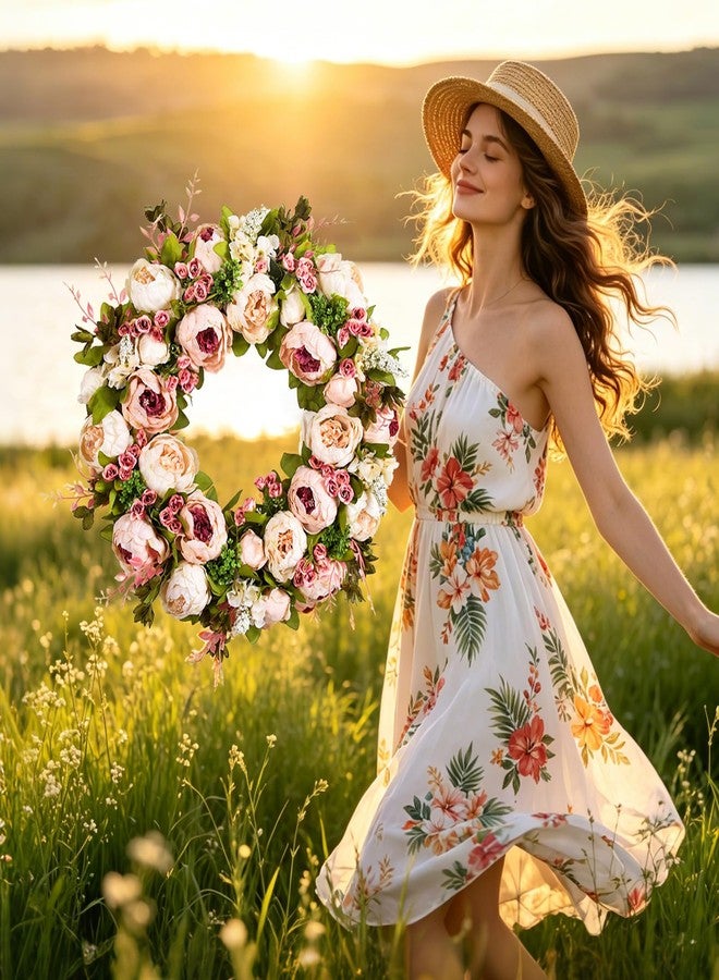 Covanm Front Door Wreath, 22 Inch Spring Wreath Handmade Peony Rose Door Summer Wreaths for Outdoor Front Door, Wall and Window Decor - Image 3