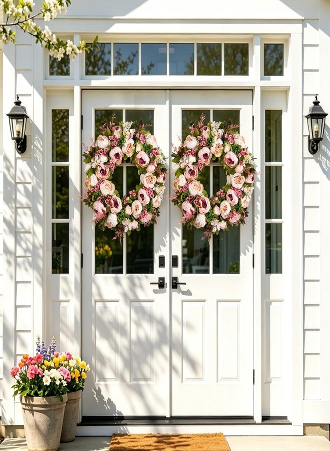 Covanm Front Door Wreath, 22 Inch Spring Wreath Handmade Peony Rose Door Summer Wreaths for Outdoor Front Door, Wall and Window Decor - Image 4