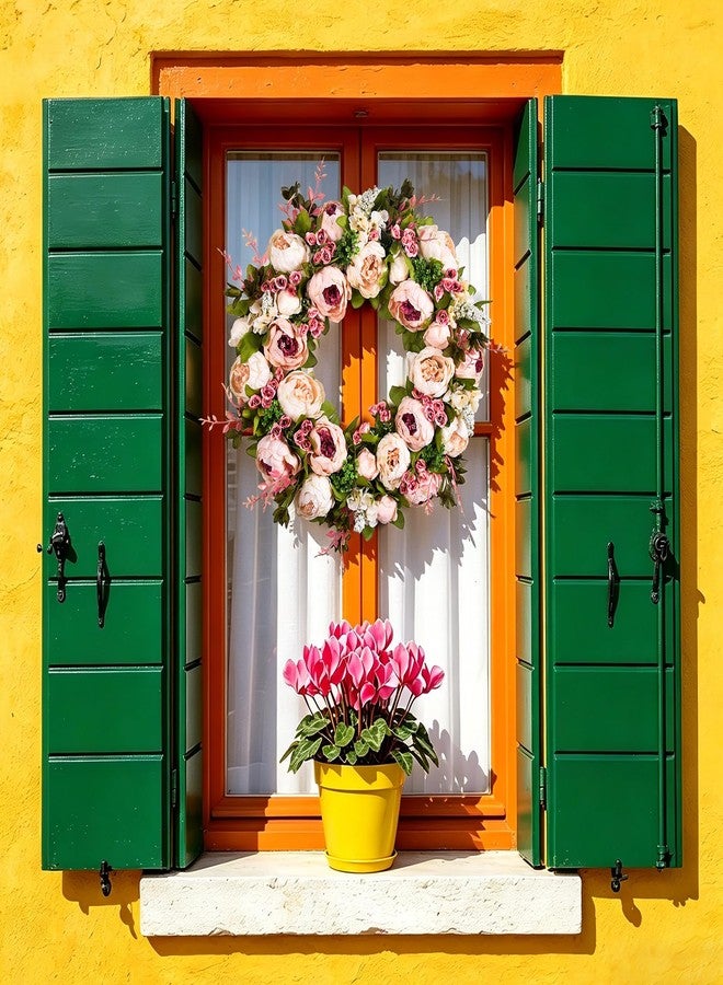 Covanm Front Door Wreath, 22 Inch Spring Wreath Handmade Peony Rose Door Summer Wreaths for Outdoor Front Door, Wall and Window Decor - Image 5