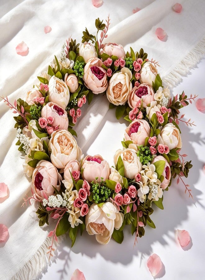 Covanm Front Door Wreath, 22 Inch Spring Wreath Handmade Peony Rose Door Summer Wreaths for Outdoor Front Door, Wall and Window Decor - Image 2