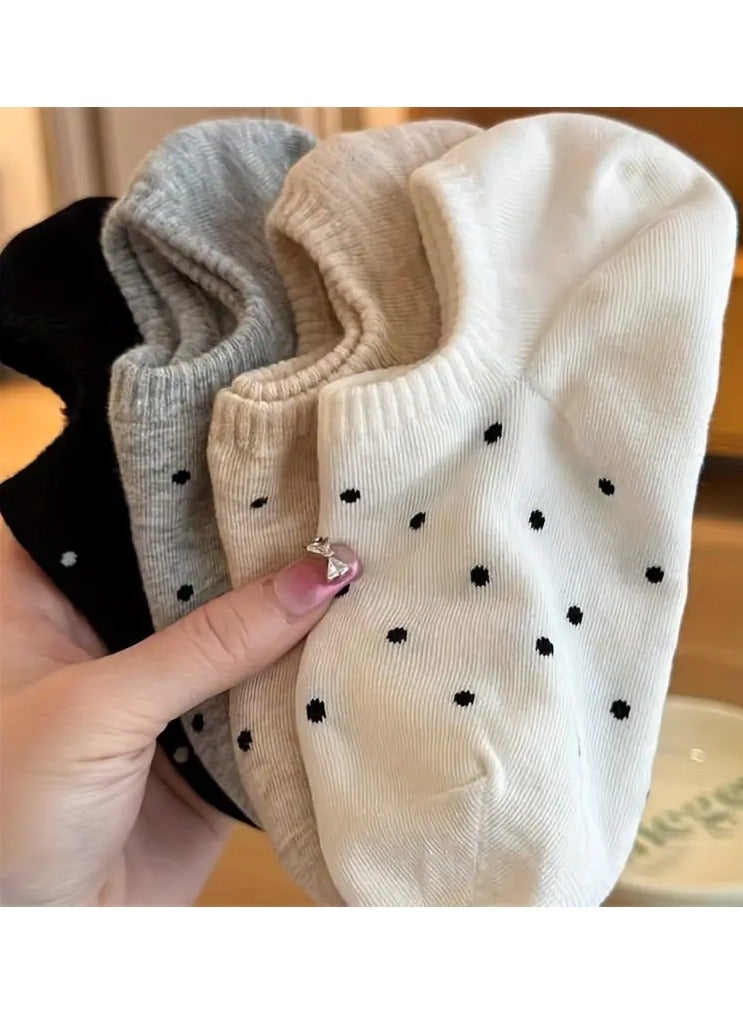 Rozino 4 Pairs Polka Dot Pattern Boat Socks, Simple Comfy & Breathable Socks, Women's Stockings & Hosiery - Image 1