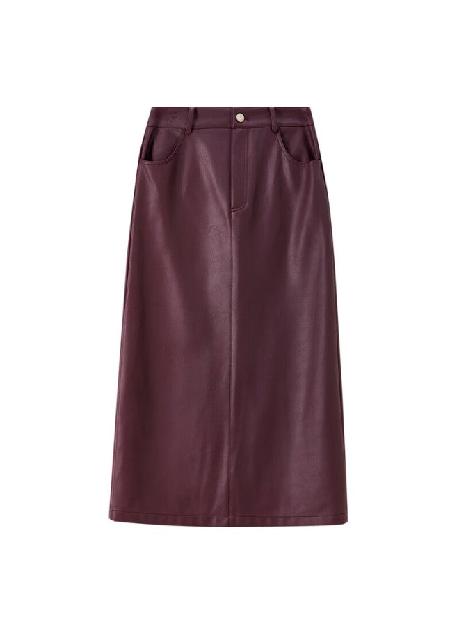 Sentubila Elegant Matte Pu Leather Skirt For Women Autumn Office Commute Slit A-line Mid-length Slimming Skirt