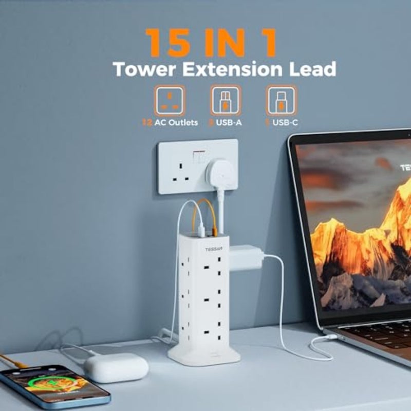 وصلة تمديد برجية 5 متر مع فتحات USB C، مقبس تمديد 12 طريقة مع 3 منافذ USB، قابس متعدد مع مفتاح 13 أمبير 3250 وات، شريط طاقة للمكتب والمنزل والمدرسة ومستلزمات المطبخ - Image 2