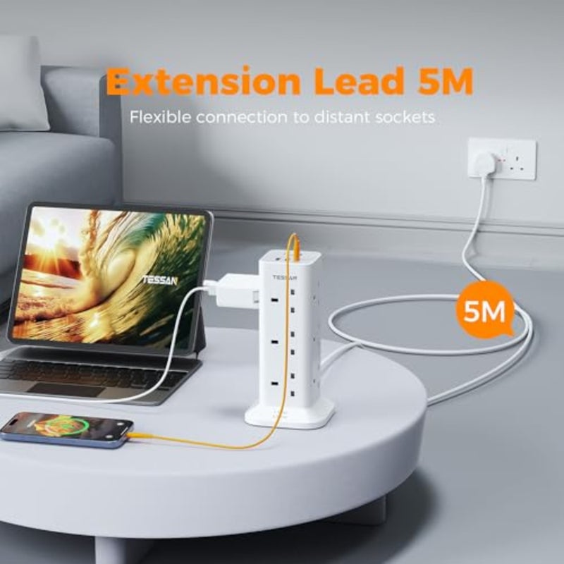 وصلة تمديد برجية 5 متر مع فتحات USB C، مقبس تمديد 12 طريقة مع 3 منافذ USB، قابس متعدد مع مفتاح 13 أمبير 3250 وات، شريط طاقة للمكتب والمنزل والمدرسة ومستلزمات المطبخ - Image 4
