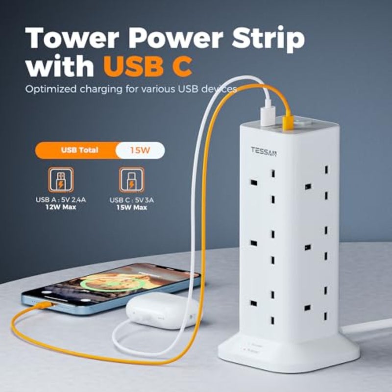 وصلة تمديد برجية 5 متر مع فتحات USB C، مقبس تمديد 12 طريقة مع 3 منافذ USB، قابس متعدد مع مفتاح 13 أمبير 3250 وات، شريط طاقة للمكتب والمنزل والمدرسة ومستلزمات المطبخ - Image 3