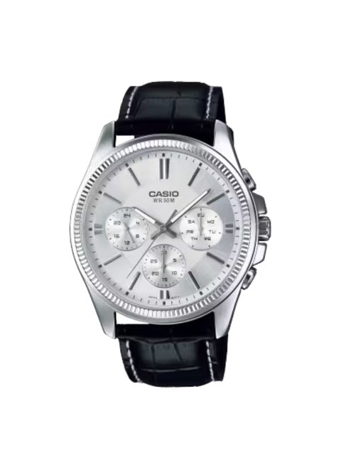 Men's Analog Display Watch With Black Leather Strap - MTP-1375L-7AVDF