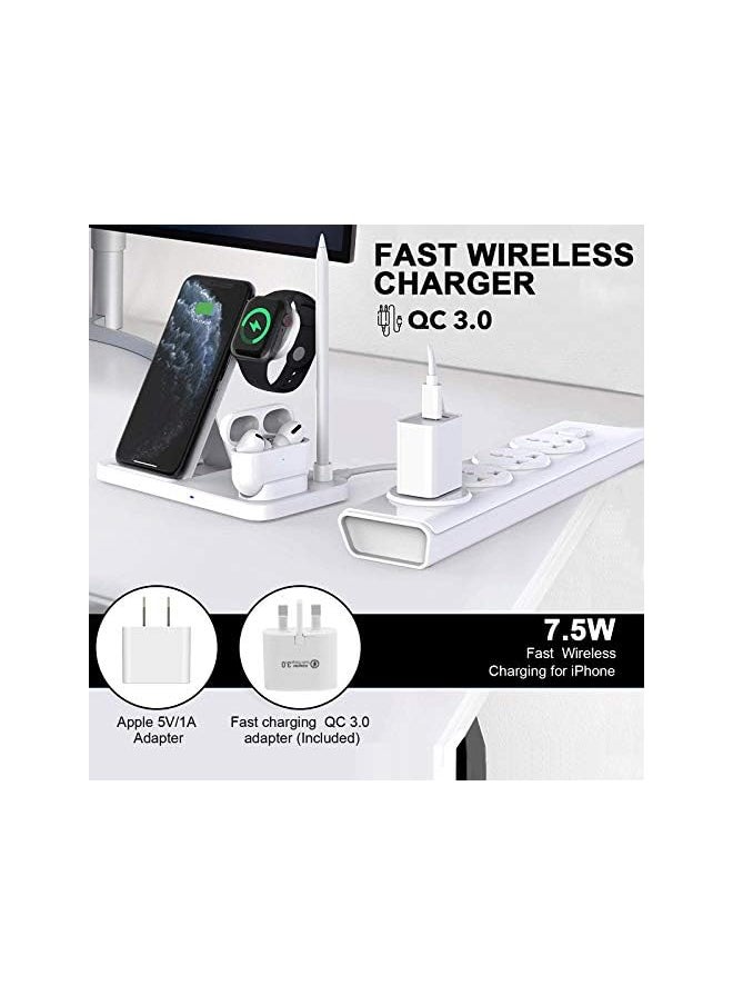AccLoo - شاحن لاسلكي، محطة شحن لاسلكية سريعة 4 في 1 لهاتف iPhone 13/13 Pro/12/11/X/XS/XR/8/8P Galaxy S10/S10 Plus، Apple Watch، قاعدة شحن قلم رصاص [محول QC 3.0 متضمن] - Image 1