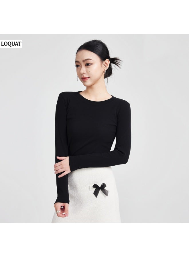 Loquat Women's Round Neck Slim-Fit Long-Sleeved T-Shirt , Slightly Cinched Waist Straight-Shoulder Base Layer Top, Breathable Soft Cotton Blend Casual Top for Commuting Work Dating, Black - Image 1