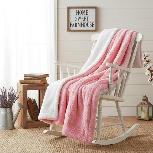 DaDa Bedding Luxury Faux Fur Throw Blanket - [ Non Shedding - Machine Washable] Fluffy Super Cuddly Soft Roses Sherpa Backside - Warm Plush for Lap or Sofa - Bright Vibrant Pink & White - 90" x 90" - Image 1