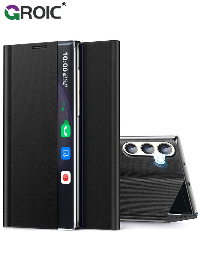 For Samsung Galaxy S24 Plus Case, View Clear Smart Window Leather Phone Shell, Slim Mirror Hard PC Kickstand Luxury Flip Shockproof Galaxy S24 Plus Cover 6.6''