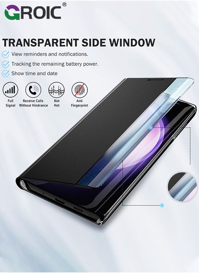 For Samsung Galaxy S24 Plus Case, View Clear Smart Window Leather Phone Shell, Slim Mirror Hard PC Kickstand Luxury Flip Shockproof Galaxy S24 Plus Cover 6.6''